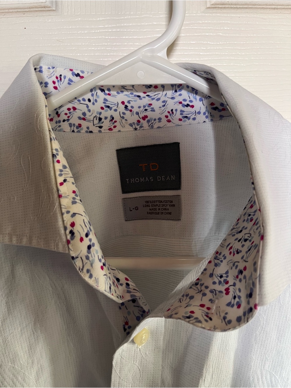 Thomas Dean White Dress Shirt with Navy & Pink Floral Accents